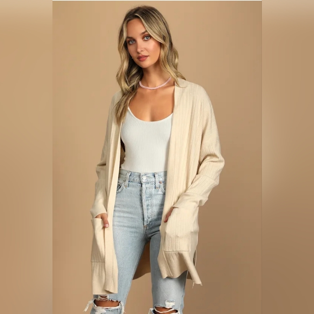 Lulus No Matter the Season Beige Ribbed Knit Cardigan Sweater Size L